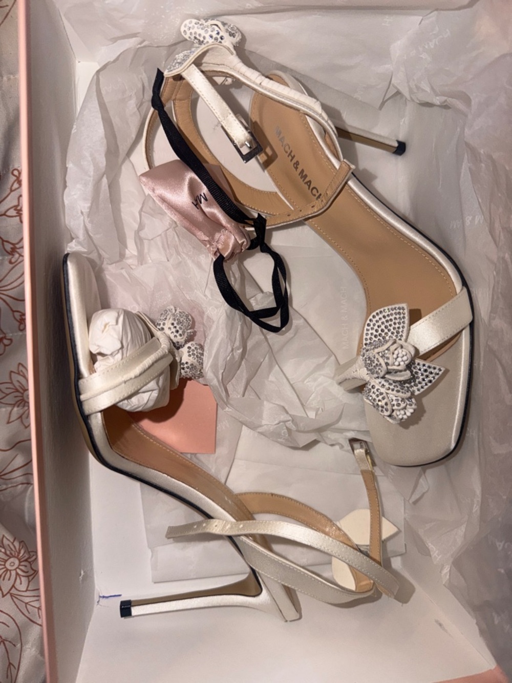 MACH & MACH White Floral Crystal Embellished Strappy Heels